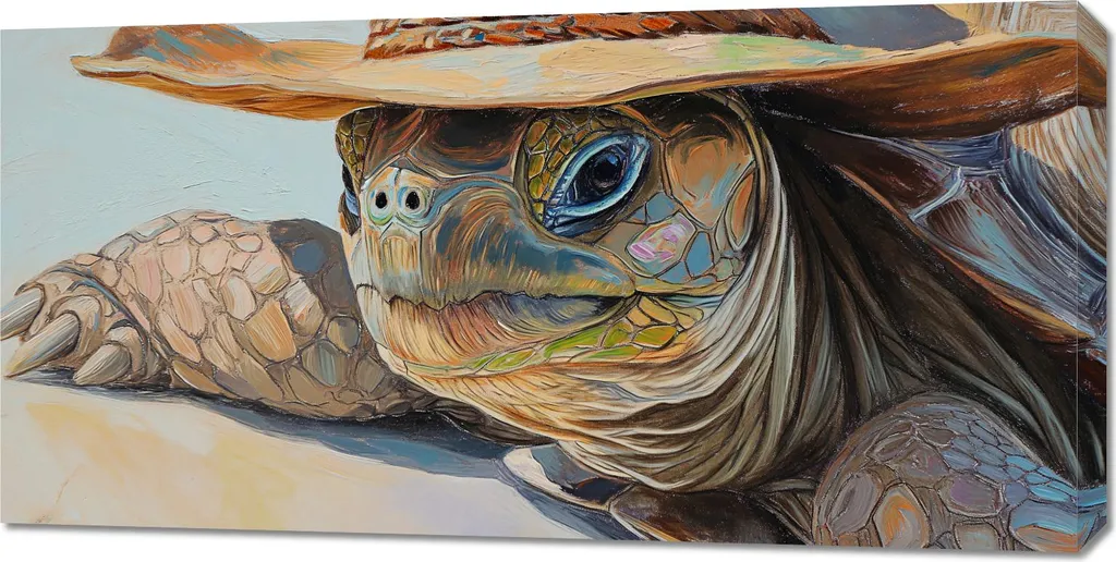 Tableau Panoramique Tortue avec chapeau 100x50cm - Décoration Murale Toile