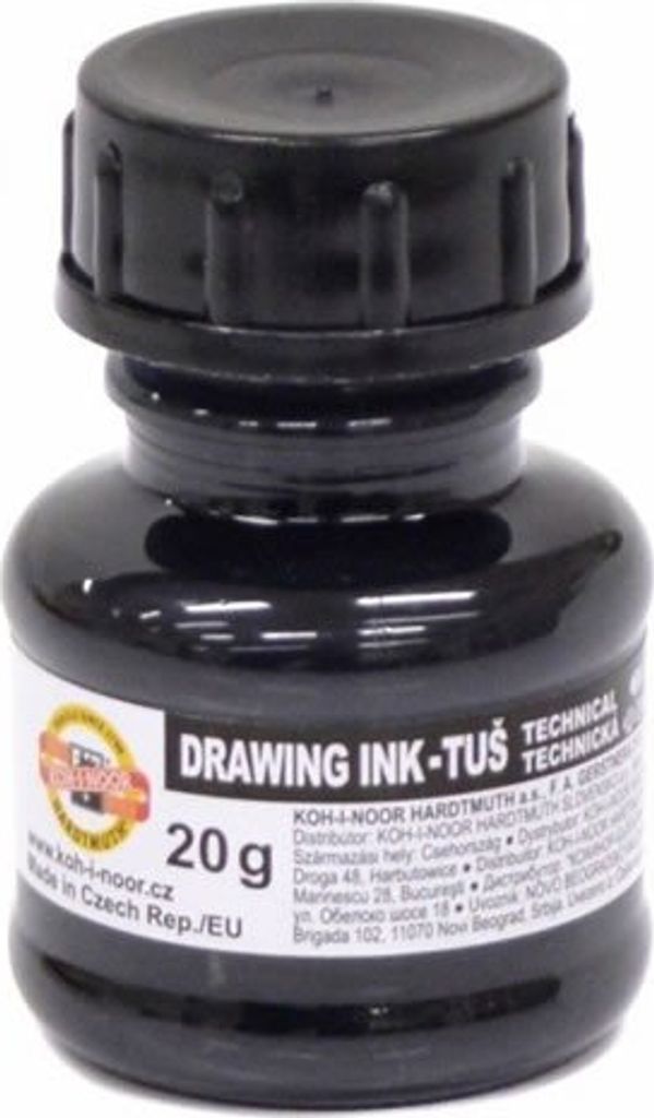 A bottle of black drawing ink.
