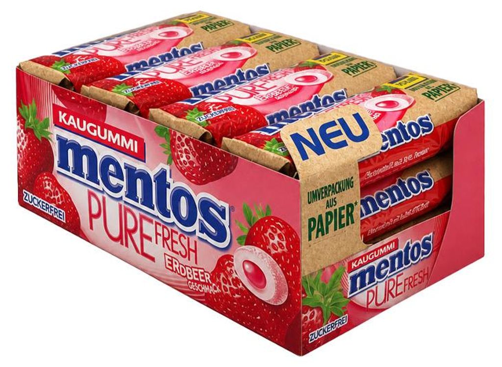 Mentos Pure Fresh Erdbeer Kaugummi 12x 31g Rollen Produktbild 