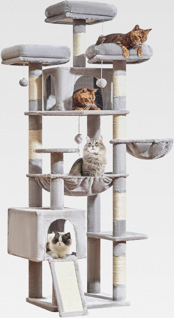 193CM Kratzbaum Groß XXL, Katzenbaum Katzenbaum Grosse Katzen Stabil Katzenkratzbaum mit 2 Katzenhaus, 7 Kratzsäulen, 3 Große Plattform, Hängem...