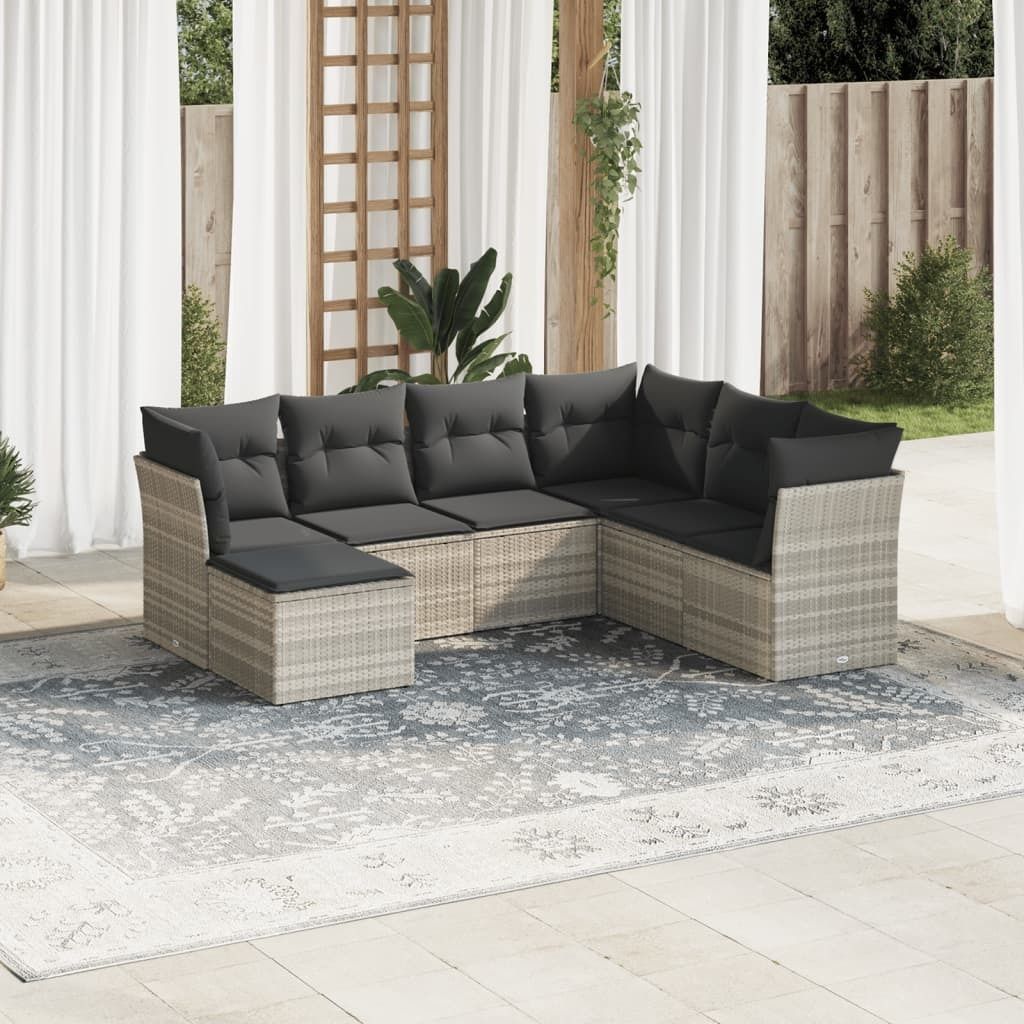 Industrie-Stil 7-tlg. Garten-Sofagarnitur Sofa Set mit Kissen Hellgrau Poly Rattan Terrassenmöbel2024 cloris