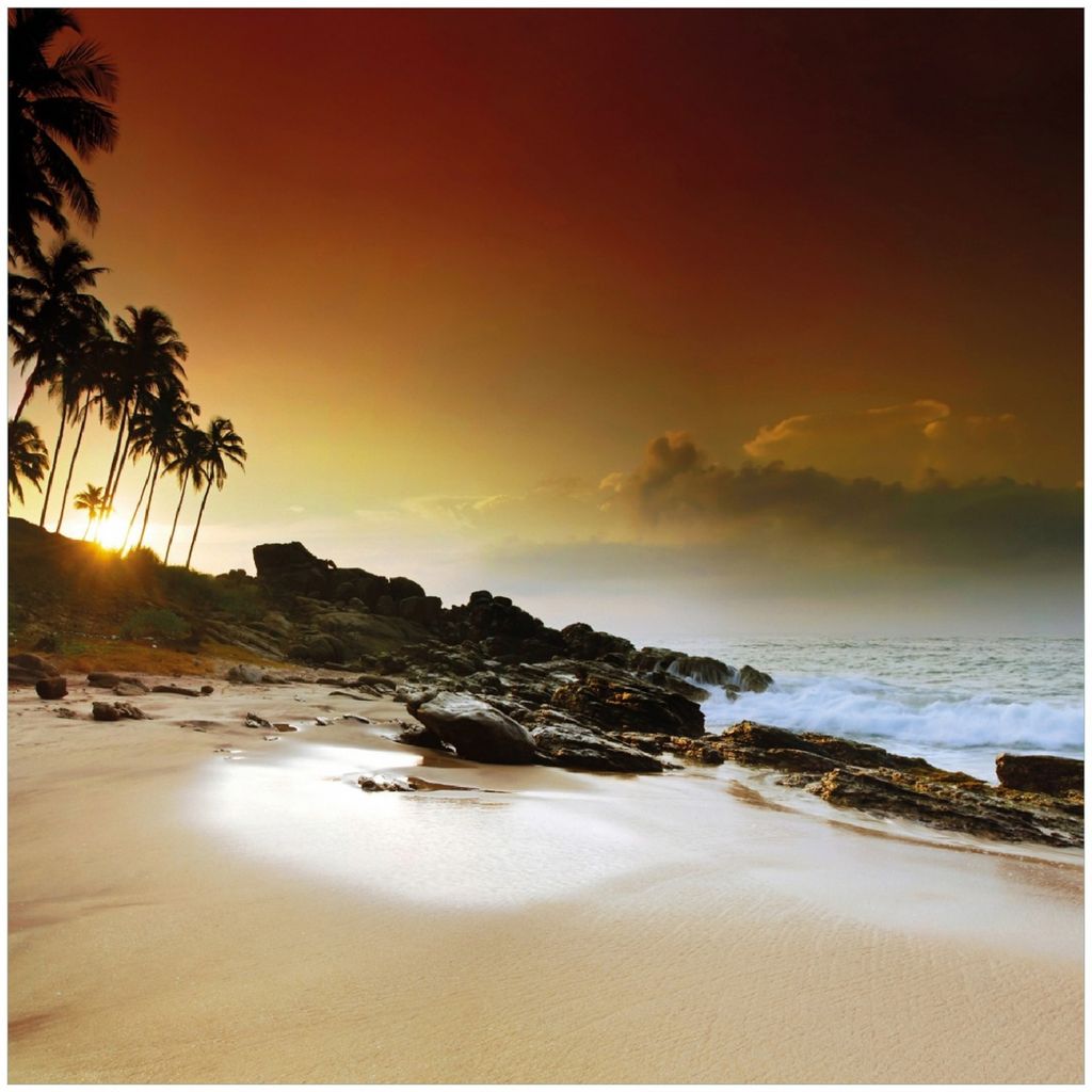 Wallario Premium Glasbild, freischwebende Optik, kräftige Farben, Größe 30 x 30 cm Motiv Sri Lanka - Palmenstrand mit Sonnenuntergang