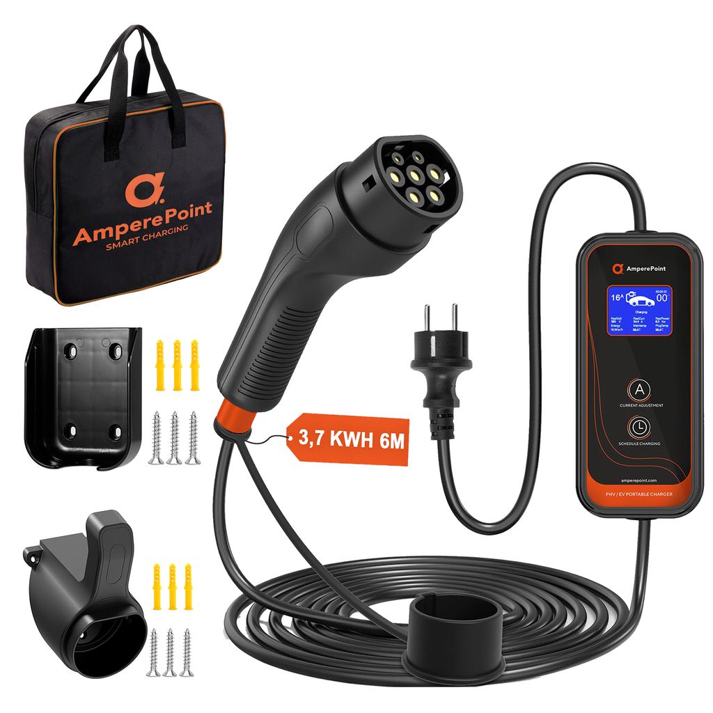 A collection of electric vehicle charging equipment, including a charging cable, a portable charger, a wall mount, and a carrying bag, arranged on a white background.
