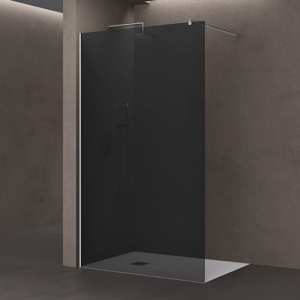 A modern shower enclosure with a dark tinted glass panel and a white shower tray.