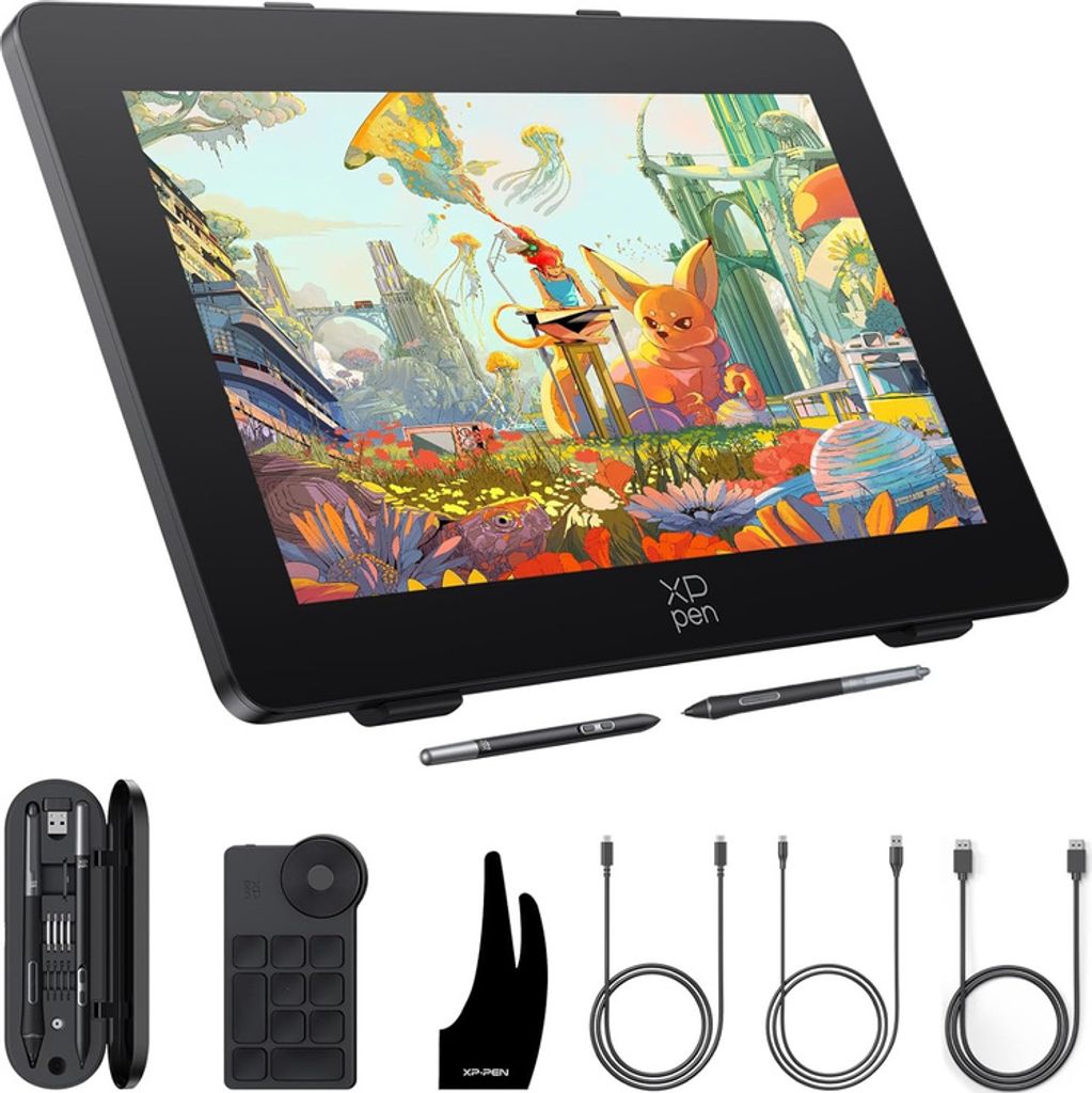A digital drawing tablet and its accessories are displayed against a black background.