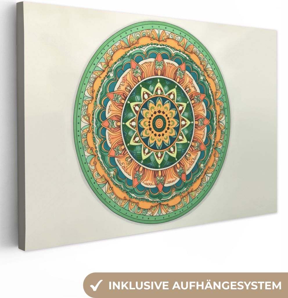 OneMillionCanvasses - Leinwandbilder - 140x90 cm, Hippie - Mandala - Grün - Boho - Blumen, Wandbilder Kunstdruck Wanddekoration - Foto auf Leinw...