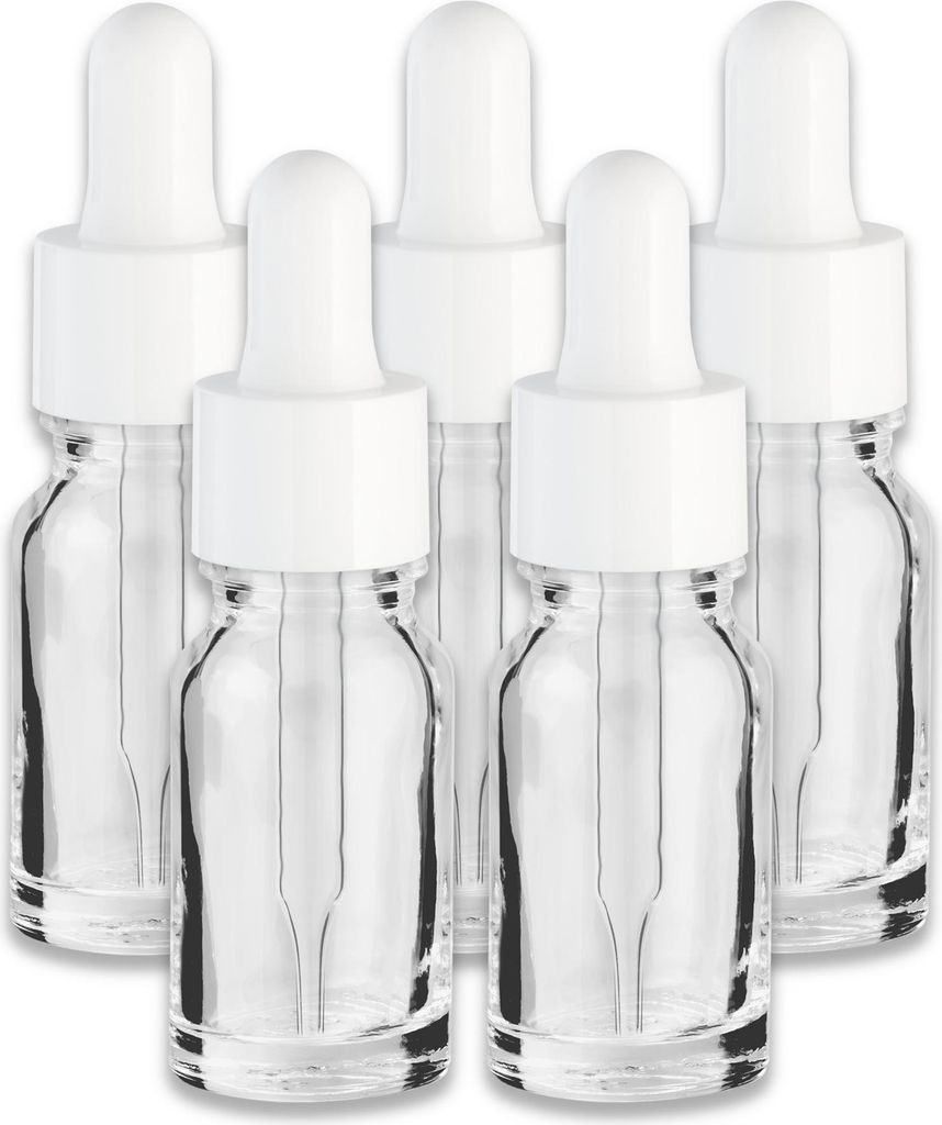 5x Farblose Glasflasche 10 ml mit weißer Pipette Apothekerflasche Set