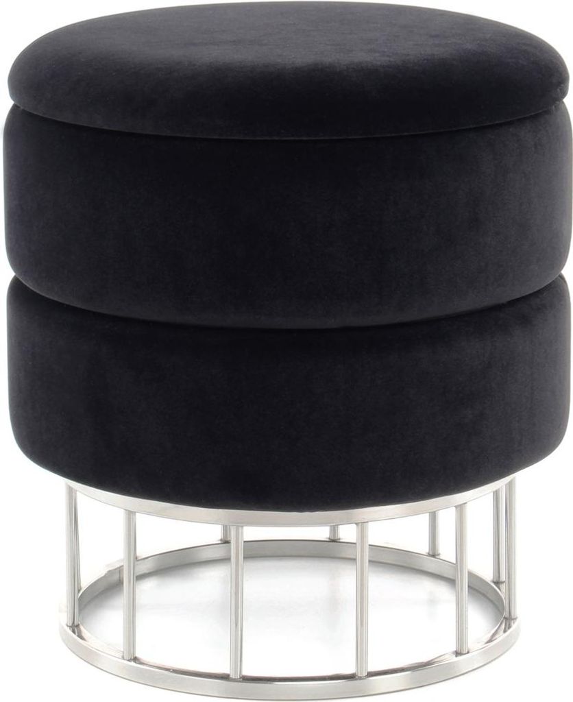 A black velvet storage ottoman with a silver metal base.