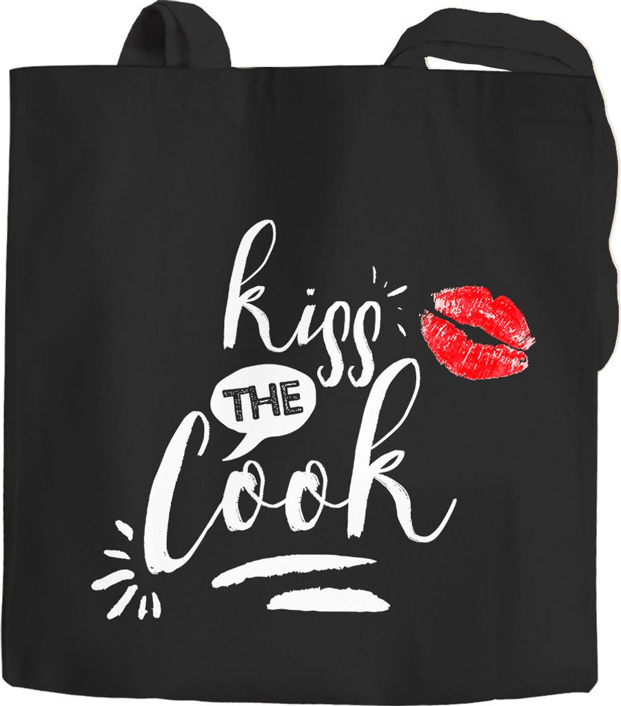 Einkaufstasche Kiss the Cook Spruch Jutebeutel Baumwolltasche Tragetasche Moonworks schwarz 2 lange Henkel