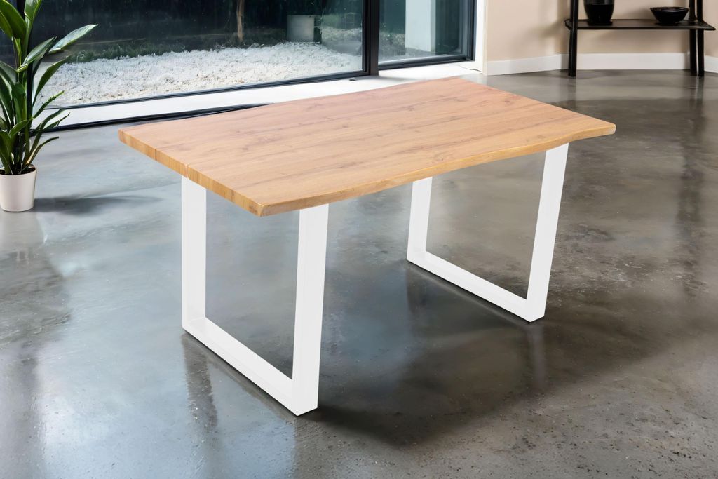 Esstisch 160x85 cm Baumkante Holz Wildeiche-Optik U-Gestell Metall weiß DUA
