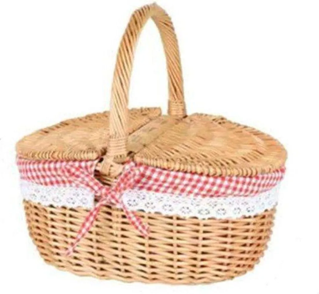 Panier pique-nique en osier fait main - Couvercle et poignées, modèle champêtre