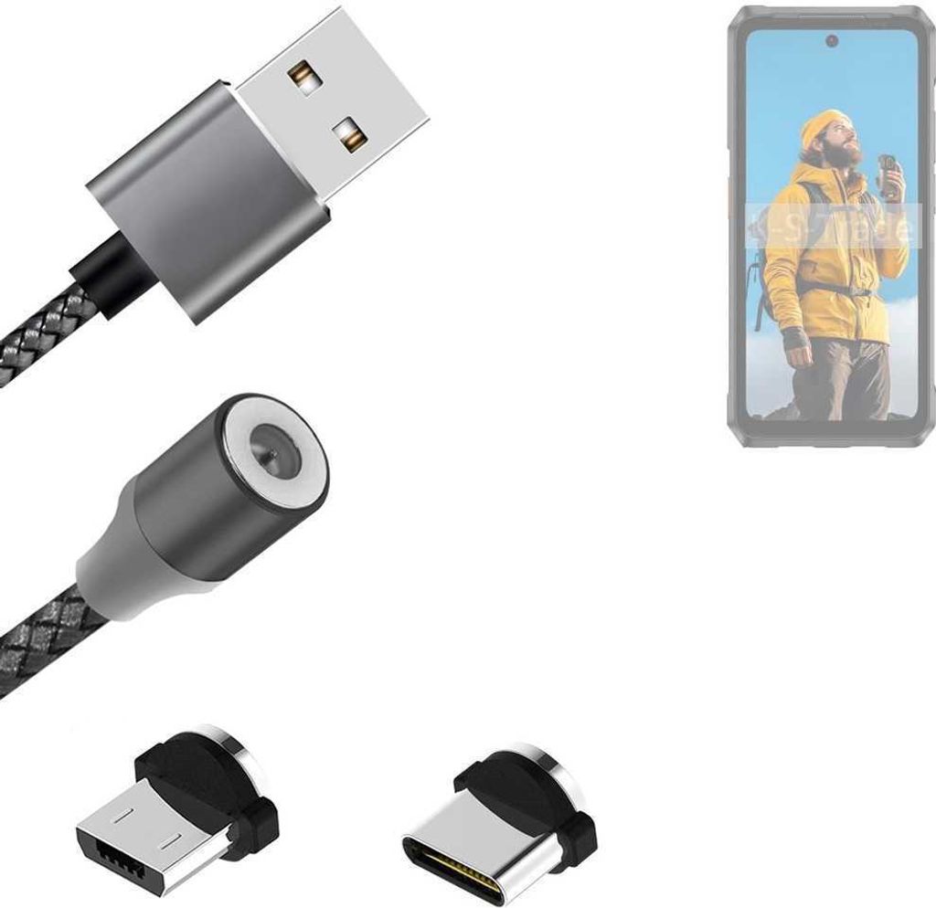 K-S-Trade Hochwertiges Magnet-Lade-kabel Sync-Kabel Daten-Kabel für Ulefone Armor 26 Ultra mit USB-Typ-C-Anschluss und Micro-USB-Anschluss 2A bis zu
