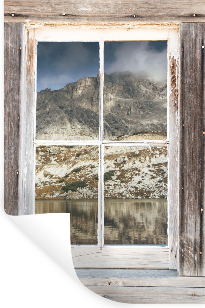 MuchoWow Wandtattoo Wandsticker Wandaufkleber Aussicht - Berg - Holz 80x120 cm Selbstklebend und Repositionierbar - Repositionierbar - Wasser abw...