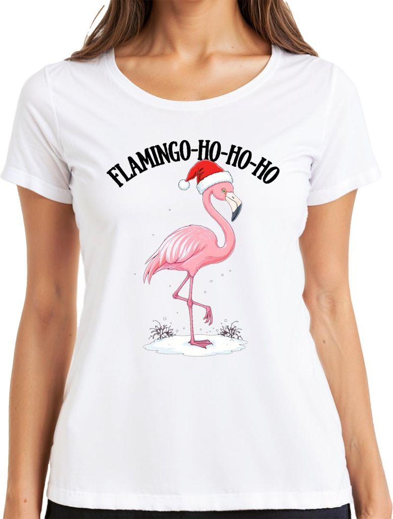 FLAMINGO-HO-HO-HO Weihnachtsflamingo Weihnachten Lustig Geschenk Damen T-Shirt, Weiß, M