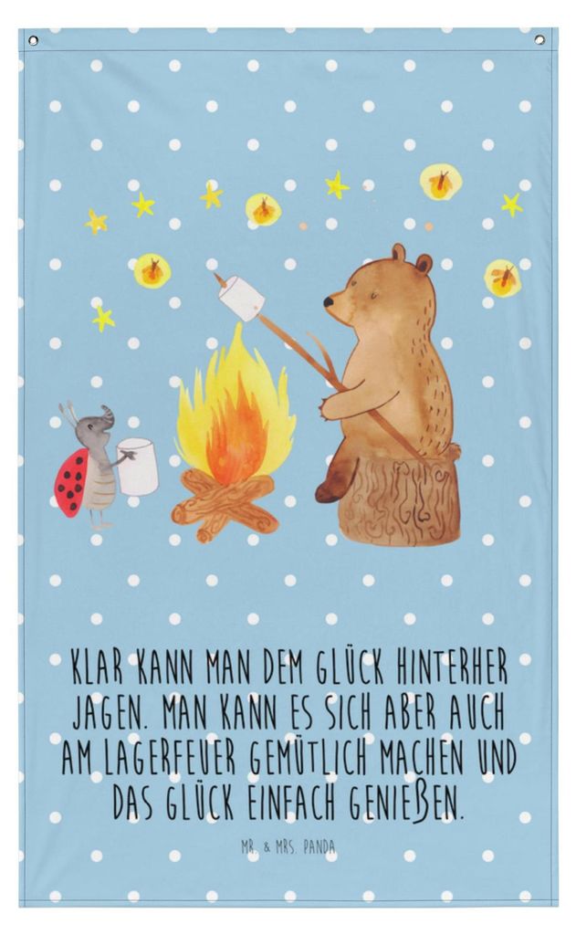 Mr. & Mrs. Panda Wandtuch Bär & Marienkäfer Lagerfeuer - Blau Pastell - Geschenk, Gobelin, Wandbanner, Wandbild, Wandteppich, Tapestry, Teddy