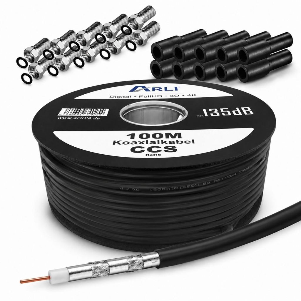 100m ARLI Koaxialkabel Schwarz – max. 135 dB 5-fach Produktbild 