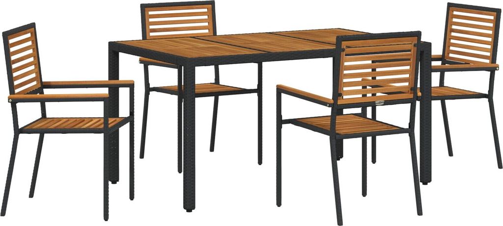 Möbel 5-teiliges Garten Esstisch Set Schwarz Poly Rattan Akazie, Stapelbare Gartenstühle mit Kissen 2 Stück Schwarz Poly Rattan - Gartenstühle ...