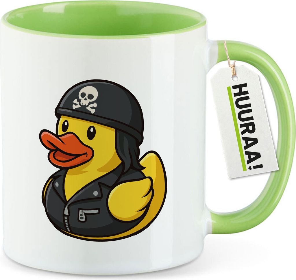 Huuraa Kaffeetasse Quietscheente Biker Gummiente Rocker 330ml Grün Keramik Kaffeebecher Geschenkidee