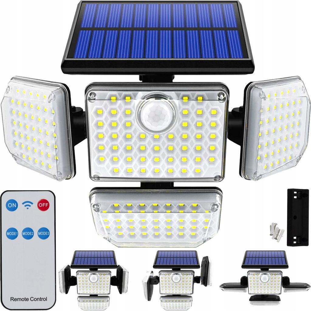 A collection of solar-powered LED lights with a remote control, presented against a white background.