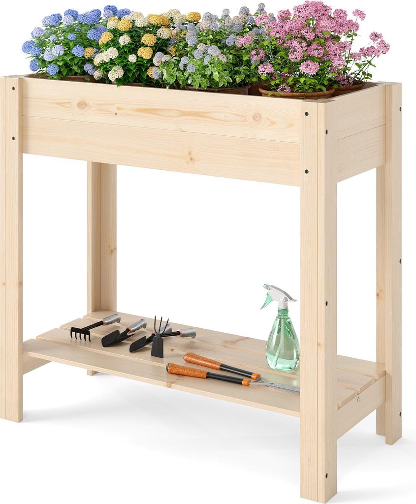 GOPLUS Hochbeet ohne Rollen, Gartenbeet mit Ablage & Abflusslöcher, Pflanzbeet aus Tannenholz, Natur (80 x 37 x 78 cm,ohne Rollen)