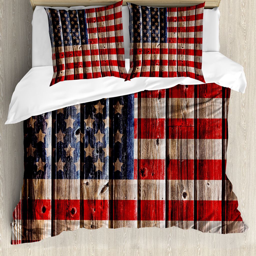 ABAKUHAUS 4. Juli Bettbezug, Rustikale Flagge-Entwurf, Milbensicher Allergiker geeignet mit Kissenbezügen, 155 cm x 220 cm - 80 x 80 cm, Vermilion...