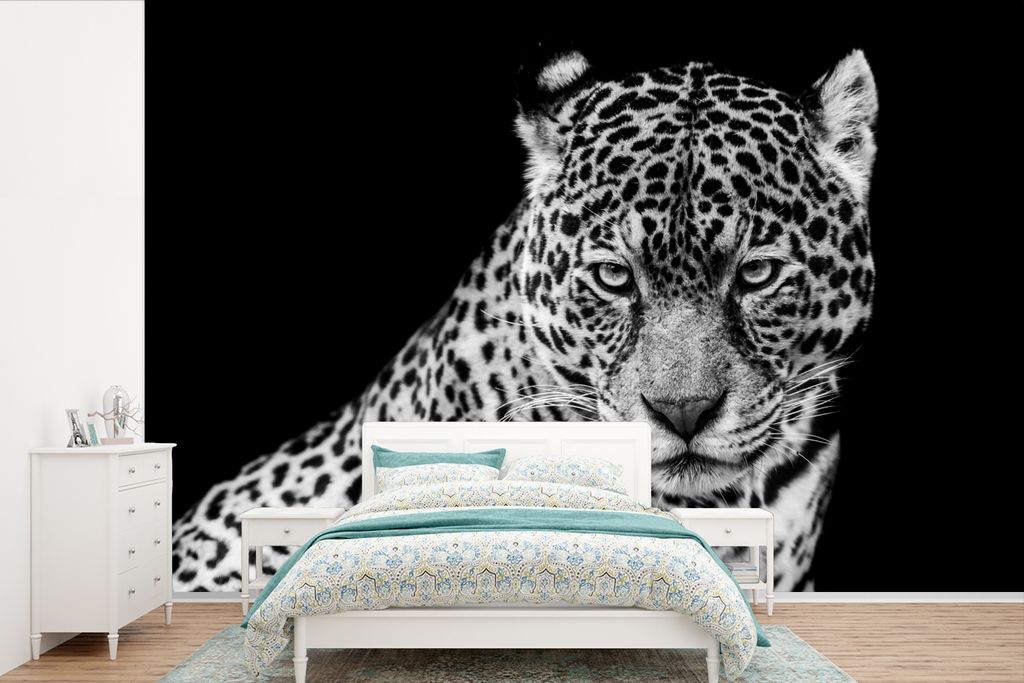 MuchoWow Fototapete für Wohnzimmer oder Schlafzimmer Wandtapete Vinyl Motivtapete Leopard - Tiere - Schwarz - Weiß - Porträt - 525x350 cm - Da...