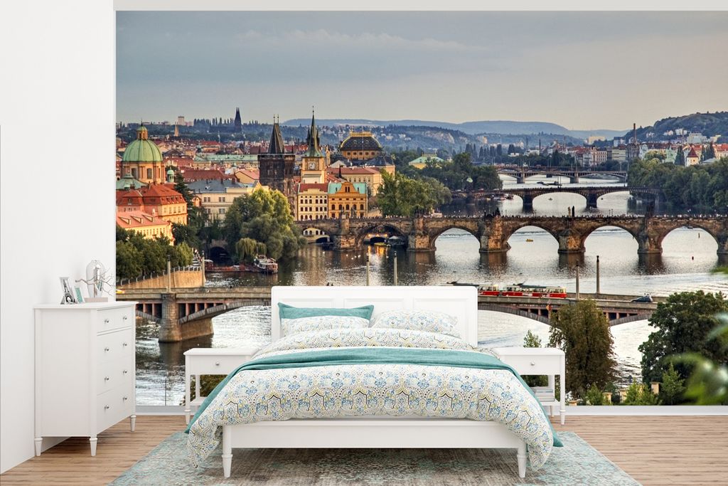 MuchoWow Fototapete für Wohnzimmer oder Schlafzimmer Wandtapete Vinyl Motivtapete Stadt - Prag - Brücken - 405x260 cm - Die Küche