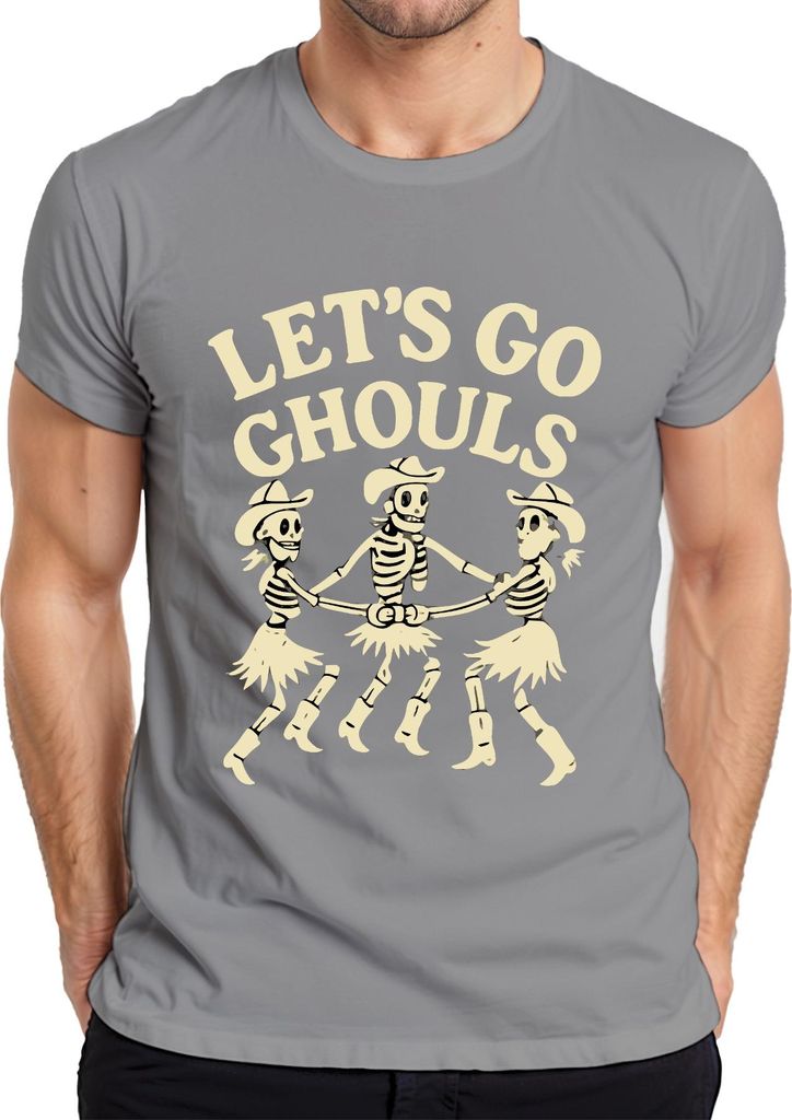 LET'S GO GHOULS Horror Skelett Cowboy Western Tanz Mädelsgruppe Herren T-Shirt, Grau, 3XL