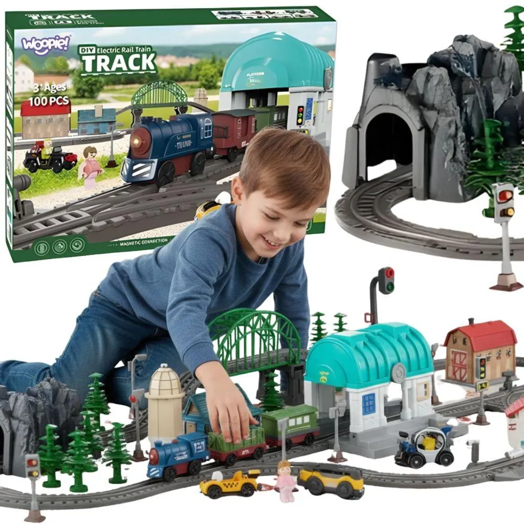 Grand Circuit Train Électrique 108 Pièces avec Village et Accessoires