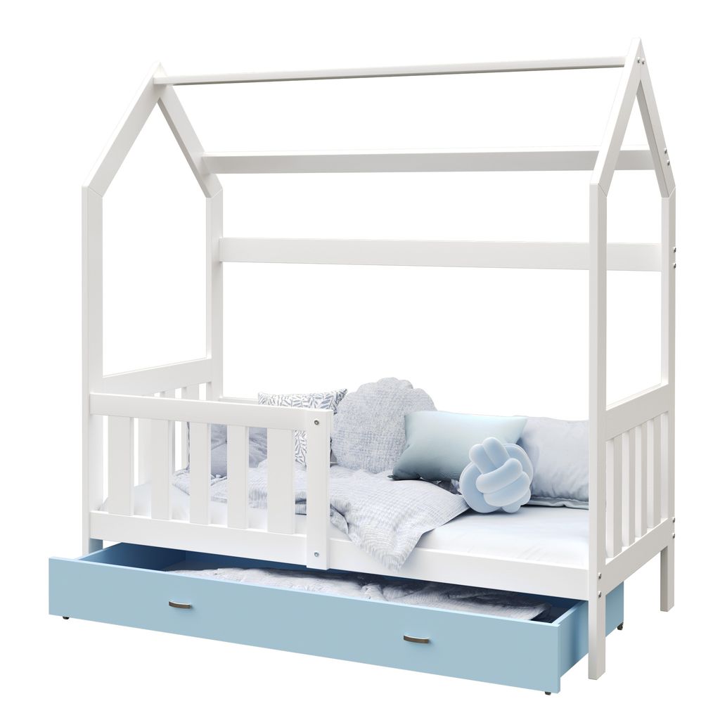 Bett PLUTO Häuschenbett 80x190 cm Kinderbett mit Schublade Lattenrost Rausfallschutz weiß blau