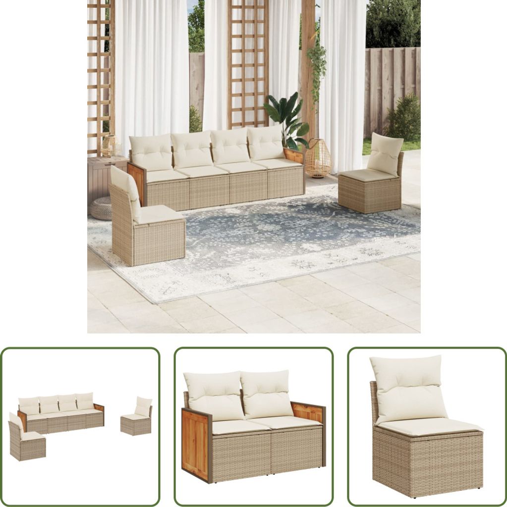 The Living Store 6-tlg. Garten-Sofagarnitur mit Kissen Beige Poly Rattan