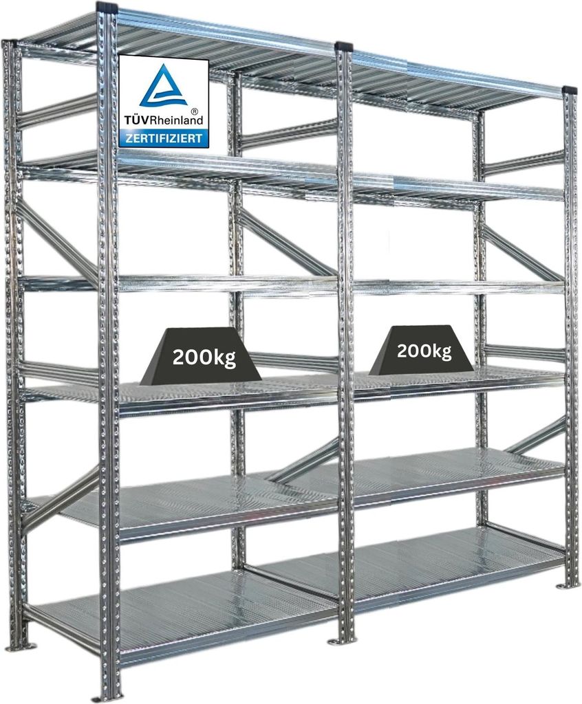 Fachbodenregal PROXIMO mit Stecksystem | Komplettregal | HxBxT 210x180x60cm | 6 Ebenen | Beidseitig nutzbar | Verzinkt