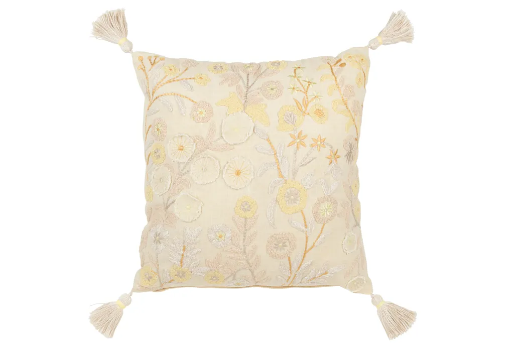Grand Coussin Jaune en Coton Motif Fleurs 45x45x15cm Finition Chic