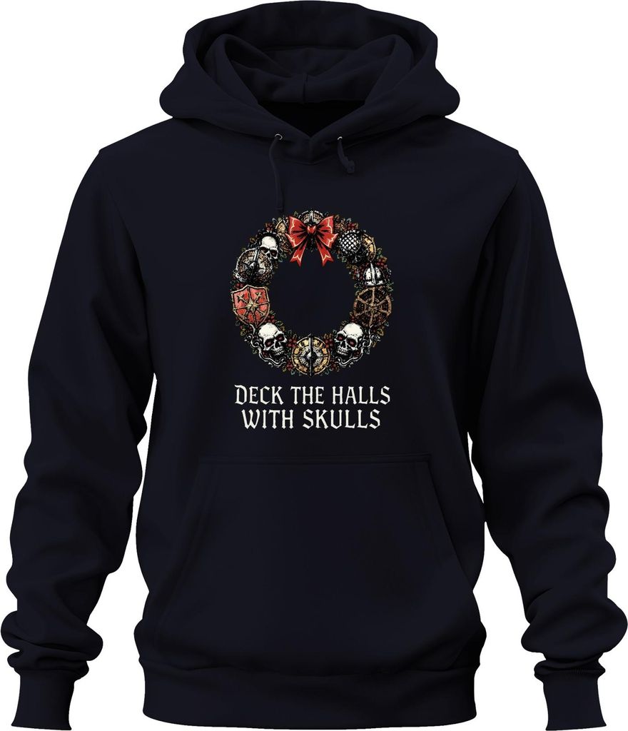 Deck The Halls With Skulls Totenkopf Weihnachtskranz düster Uni Hoodie Kapuzenpullover, Navy, XXL