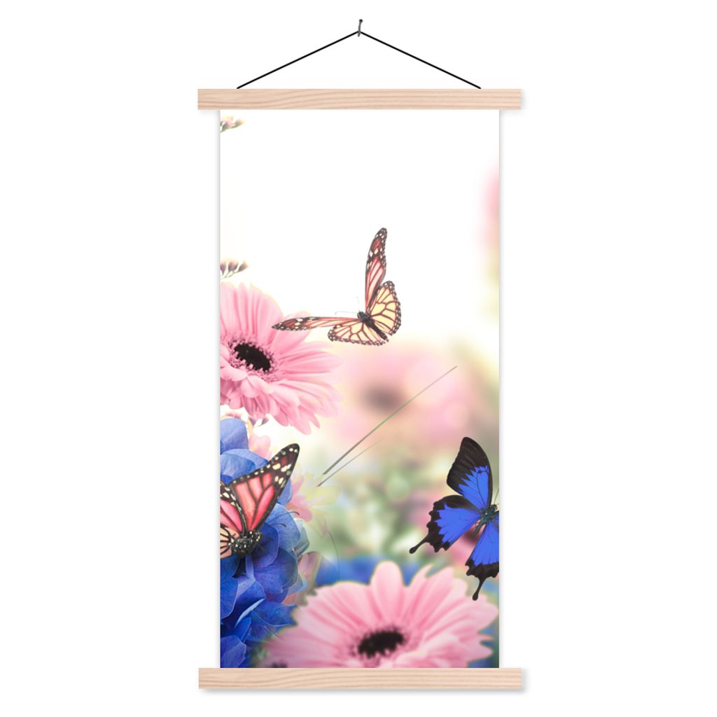 MuchoWow Textilposter Schmetterlinge - Blumen - Hortensien - Insekten 60x120 cm mit holzfarbenen Rahmen - Holz