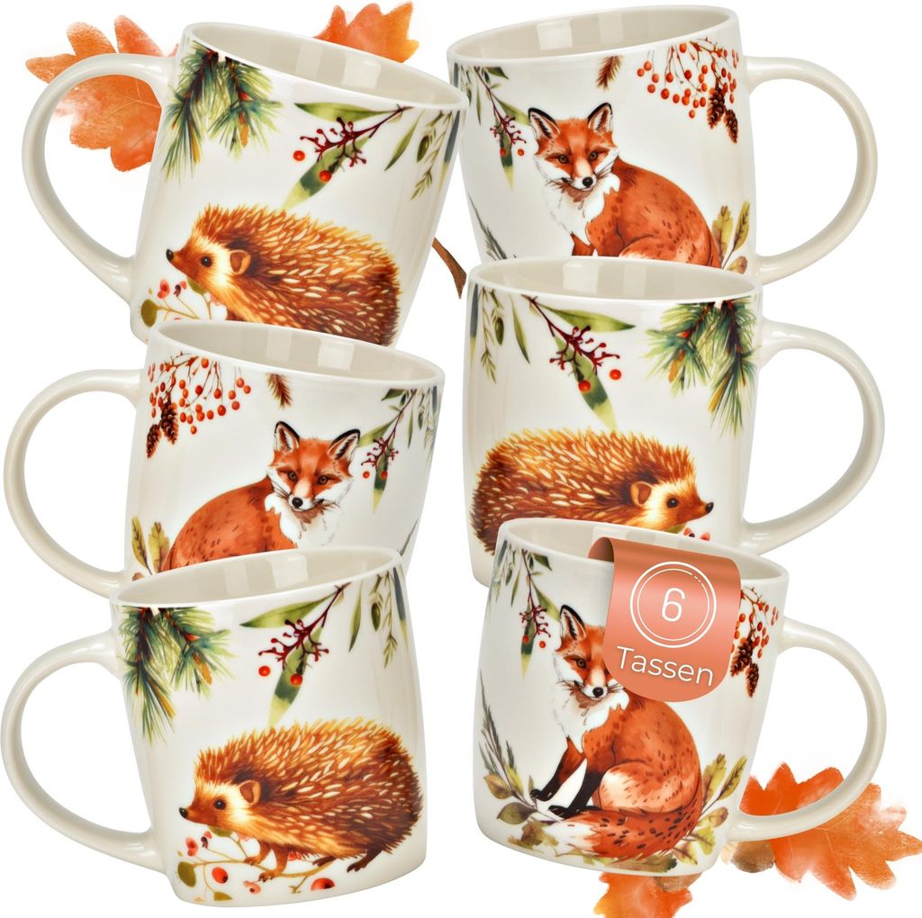 Herbst Tassen 6er Set Fuchs & Igel, 350 ml Kaffeetasse aus Porzellan