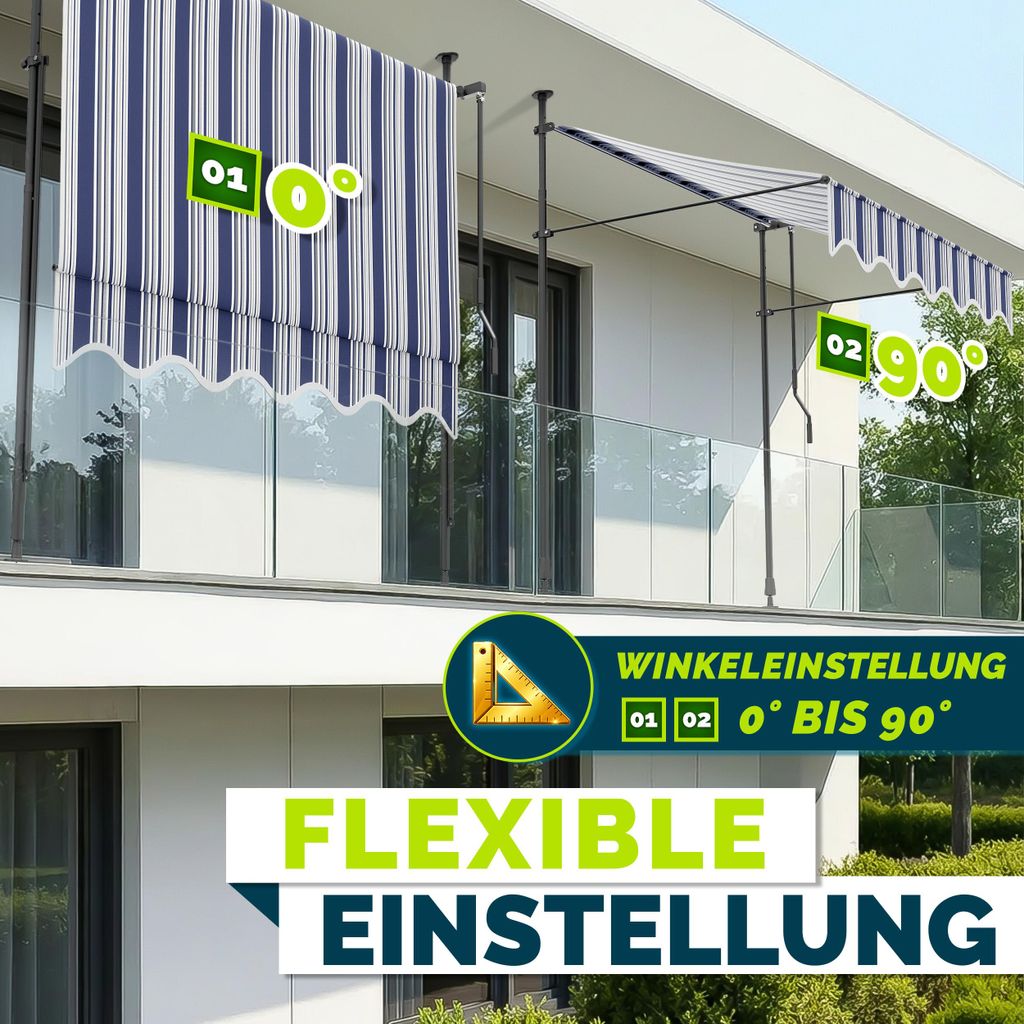 tillvex Klemmmarkise 300 cm Blau/Grau mit Solar LED mit Handkurbel Balkon | Balkonmarkise ohne Bohren | Markise UV-beständig & höhenverstellbar |...
