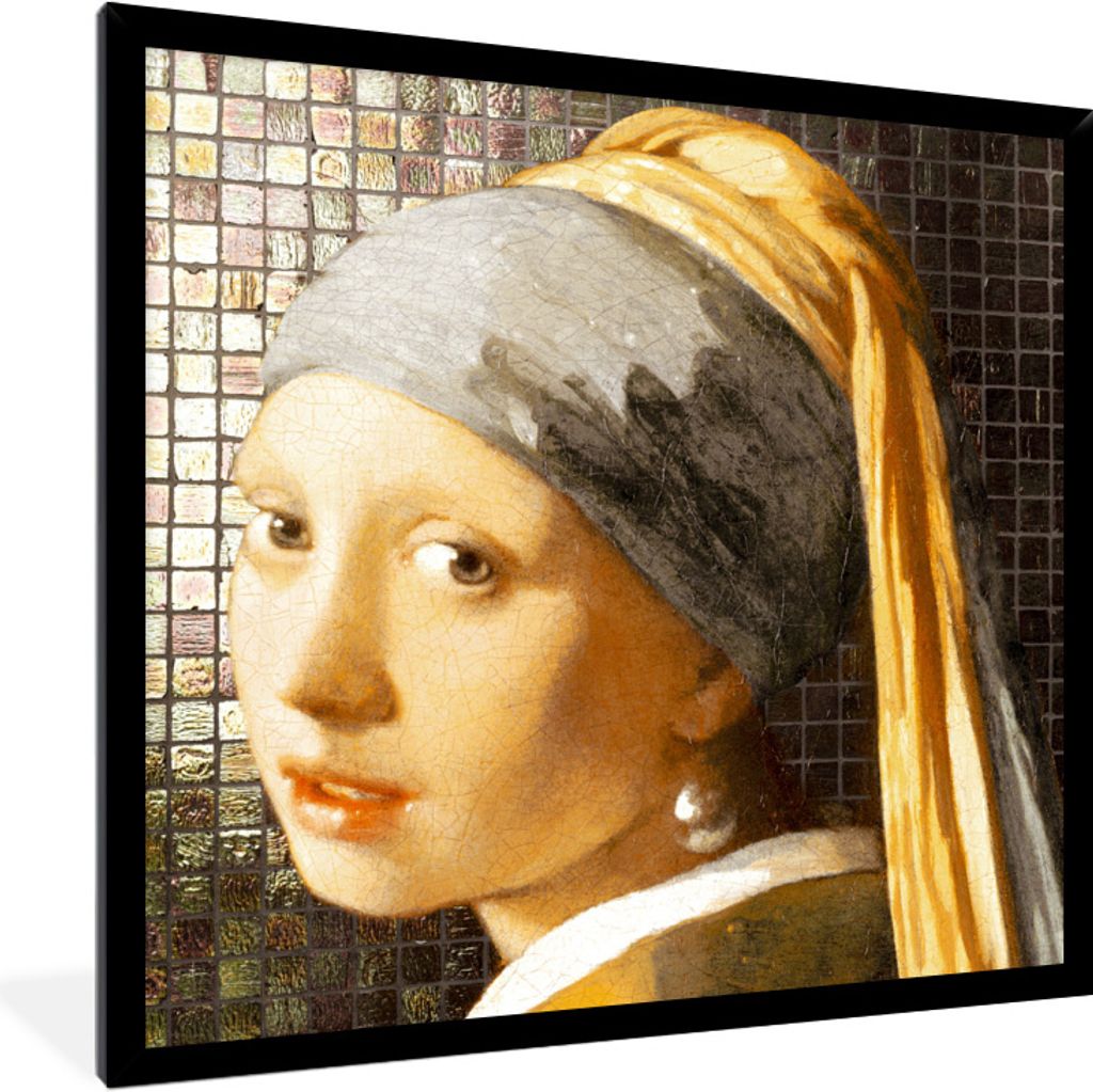 MuchoWow Gerahmtes Poster Alte Meister - Mädchen mit Perlenohrring - Kacheln 40x40 cm - Poster mit Schwarzem Bilderrahmen Wandposter Rahmen Foto...