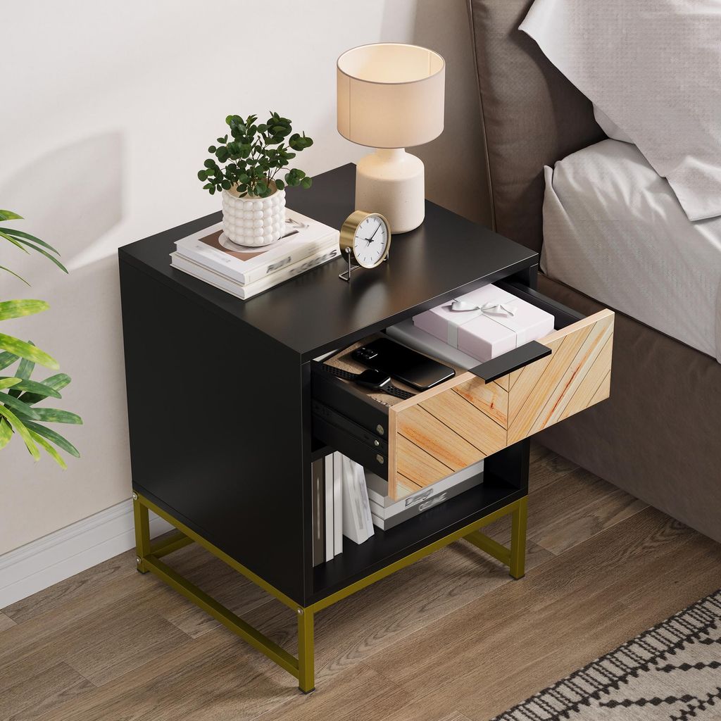 okwish Kleiner Nachttisch mit Schubladen und offenen Fächern, Beistelltisch Metallbeine,für Wohnzimmer oder Schlafzimmer,Schwarz