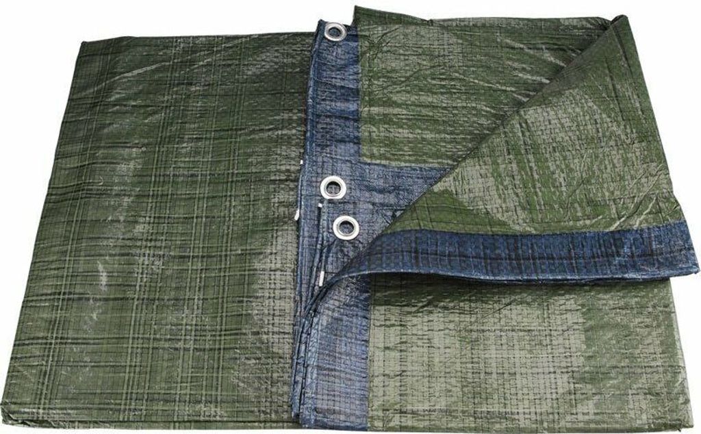A folded green and blue tarp laid out on a white background.
