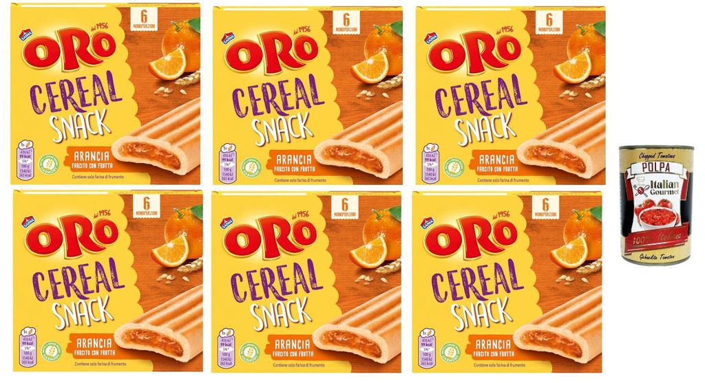 Oro Saiwa, Cereal Snack Arancia, Weiche Müsli -Kekse mit Orangenfüllung, Faserquelle und Magnesium, 6x 162G + Italian Gourmet polpa 400g