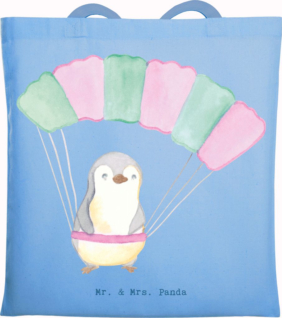 Mr. & Mrs. Panda Jutebeutel Pinguin Fallschirm springen - Sky Blue - Geschenk, Fallschirmsprung, Tragetasche, Jutetasche, Tasche, Skydive, Laptopta...