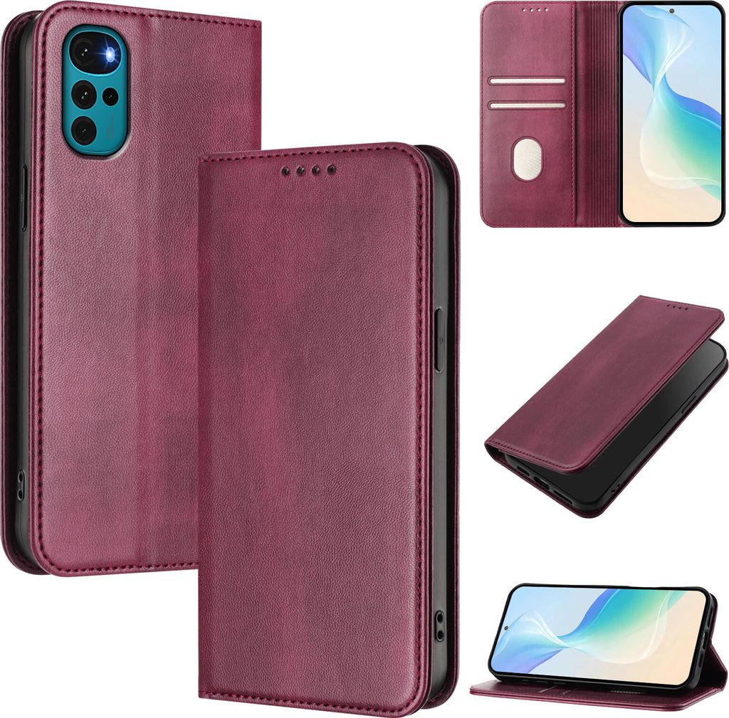 Handyhülle für Motorola Moto G22, Vintage Leder RFID Schutz Kartenfach Standfunktion Magnetische Klapphülle Rot