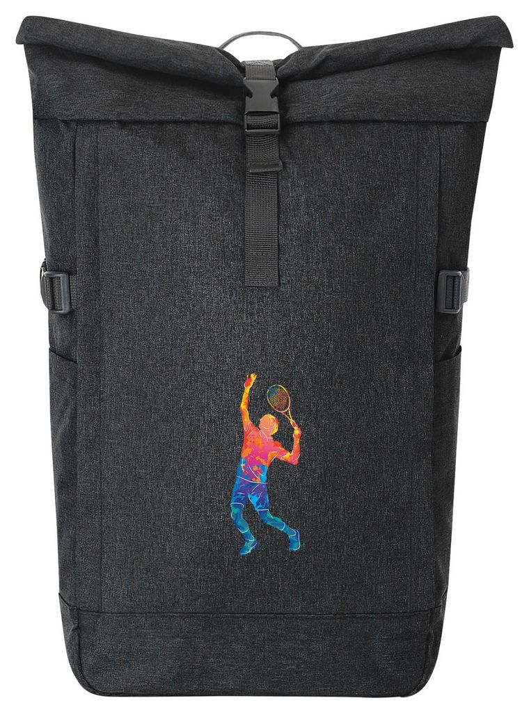 Huuraa Kurierrucksack Tennis Spieler bunte Silhouette 30-44 Liter Black Melange Fairtrade Rolltop Rucksack Geschenkidee