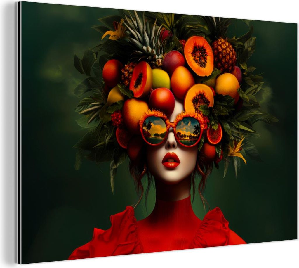MuchoWow Wanddekoration Metall Metallbild Wandkunst 120x80 cm Frau - Früchte - Papaya - Ananas MuchoWow Aluminium Gemälde - Alu Bild
