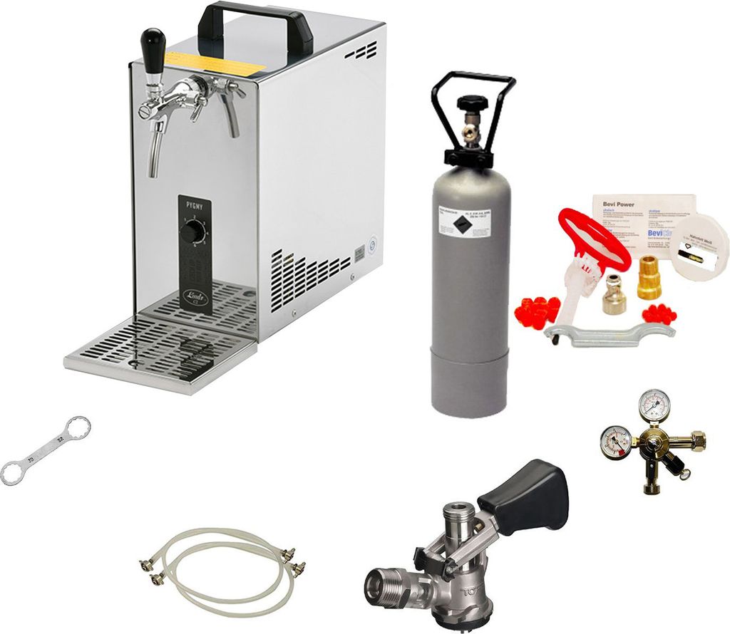 Komplett Set - Zapfanlage, Bierzapfanlage, Bierkoffer, Durchlaufkühler PYGMY 25 1-leitig Trockenkühler, 30 Liter/h, Reinigungsset für Zapfanlage...