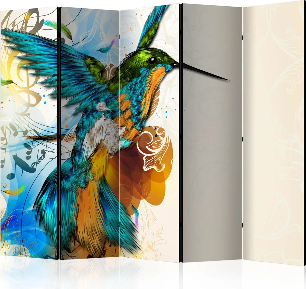 5-teiliger Doppelseitiger Vlies Paravent - Bird's Music II 225x172 cm Muster g-C-0162-z-c