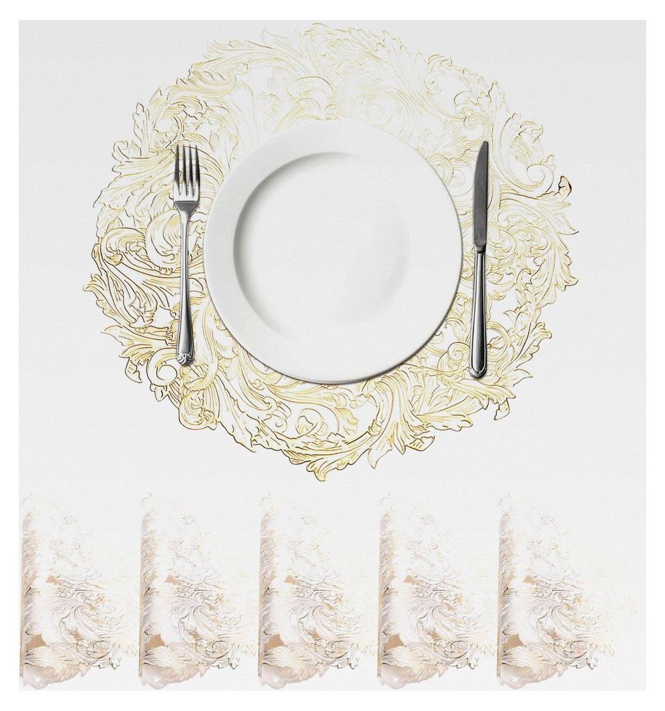 Runde Platzsets aus Gold und Weiß für Esstische, 6 Stück, aus Metallischem Polyvinyl, waschbar (15" x 15" / 38 x 38 cm)