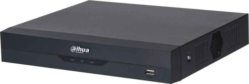 A black Dahua NVR device is shown from a diagonal angle against a white background.