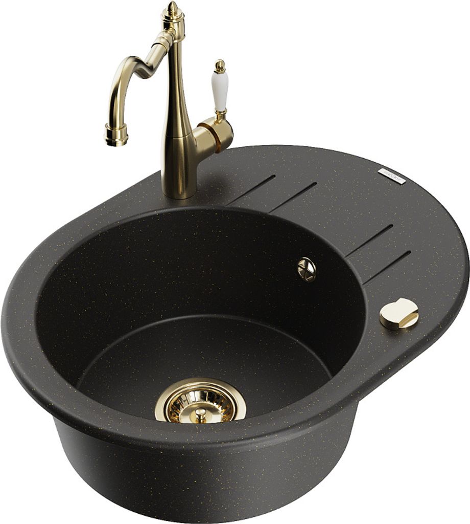 Mexen Kevin 1 Becken-Granitspüle mit Abtropffläche und Mischbatterie Carla, Schwarz/Gold metallisch - 6517-75-670700-50